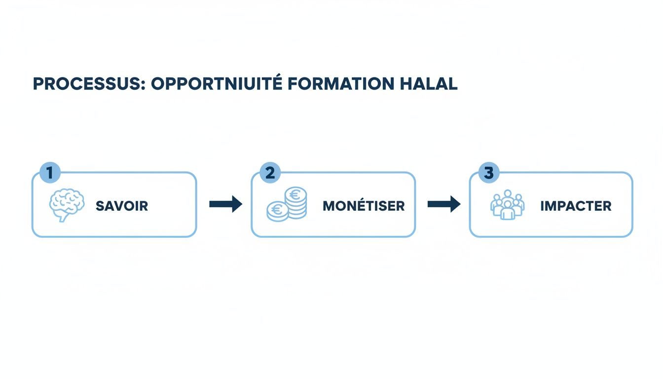 Illustration d'un processus en trois étapes pour une formation halal: savoir, monétiser et impacter.