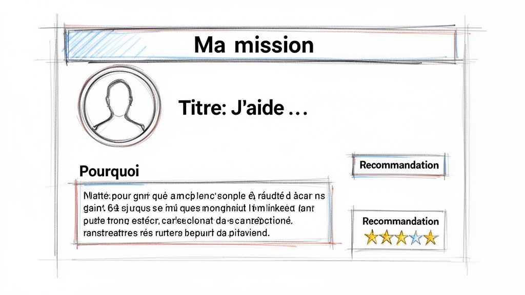 Maquette d'une page de profil utilisateur LinkedIn avec mission, titre, description et recommandations étoilées.
