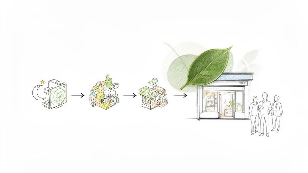Illustration d'un processus : produits éthiques, de la source au magasin avec des clients et une touche verte.