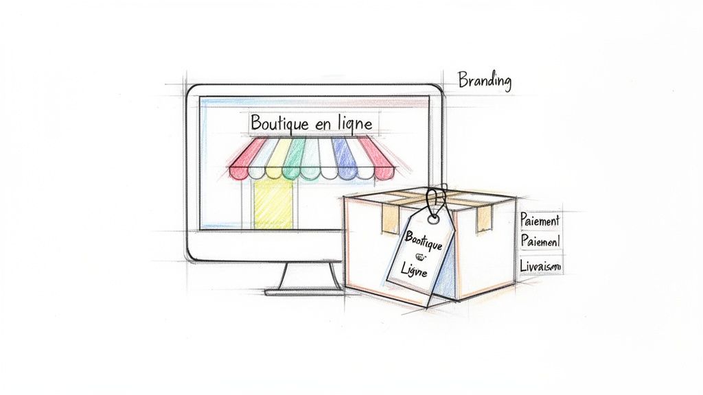 Illustration dessinée d'un commerce en ligne avec écran d'ordinateur, colis, branding, paiement et livraison.