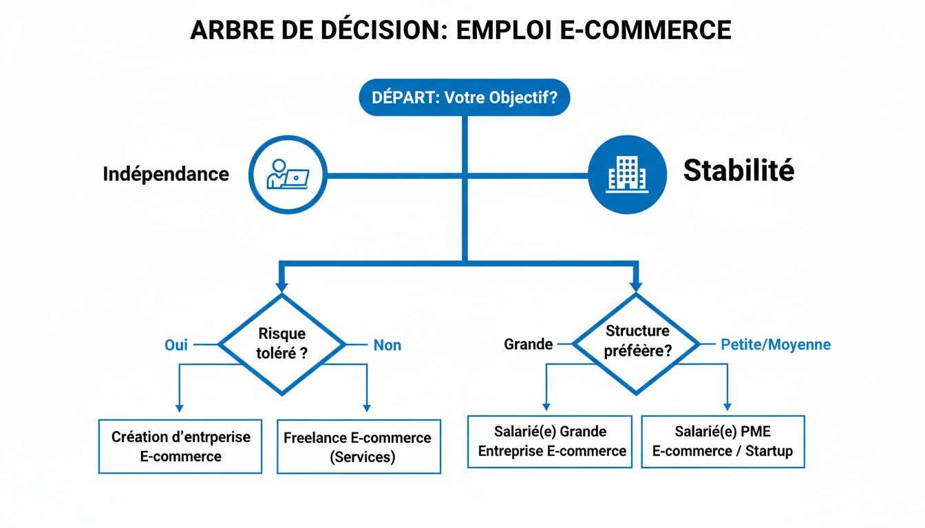 Arbre de décision pour l'emploi en e-commerce, guidant vers l'indépendance (création d'entreprise, freelance) ou la stabilité (entreprise, PME).