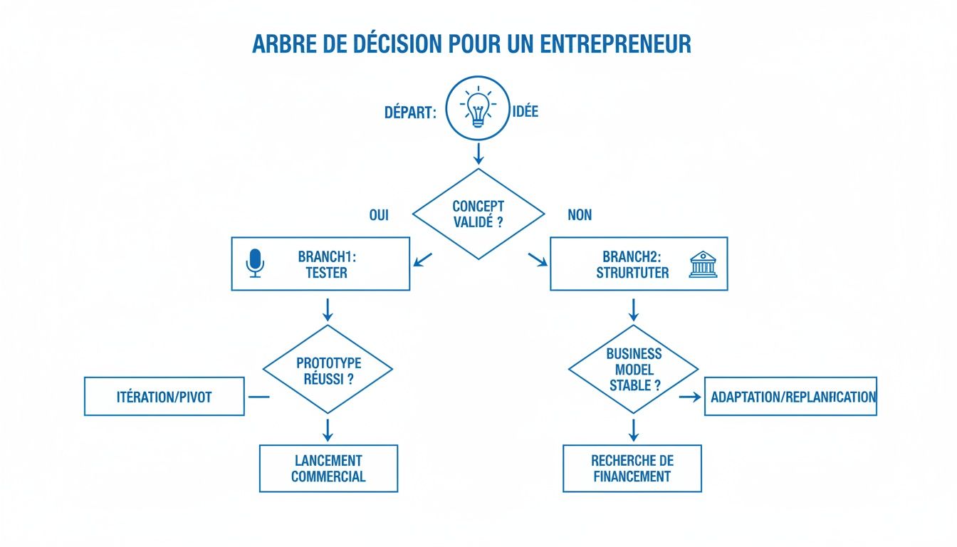 Organigramme d'aide à la décision pour entrepreneurs, de l'idée au lancement commercial ou à la recherche de financement.