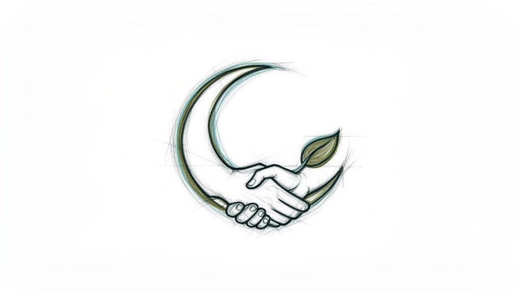Dessin d'une poignée de main formant un croissant de lune, avec une feuille verte symbolisant la nature et le partenariat.
