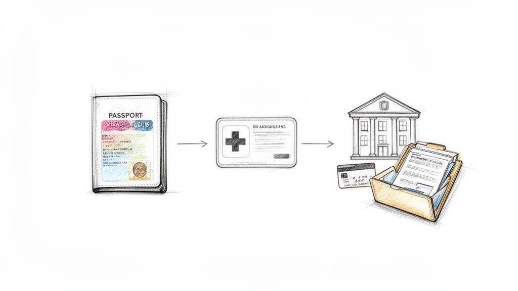 Illustration montrant un passeport, une carte de santé, une banque et des documents pour des démarches administratives.