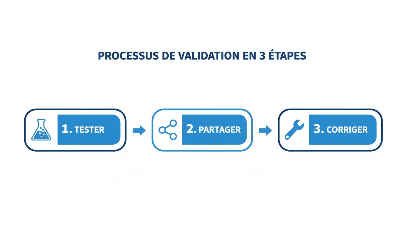Ce diagramme présente un processus de validation en 3 étapes : tester, partager et corriger.