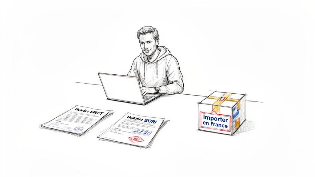 Un homme sur ordinateur portable, entouré de documents SIRET et EORI, pour importer un colis en France.