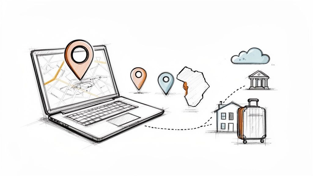 Un croquis d'ordinateur portable avec carte et épingles de localisation, illustrant la planification de voyages et la connectivité mondiale.