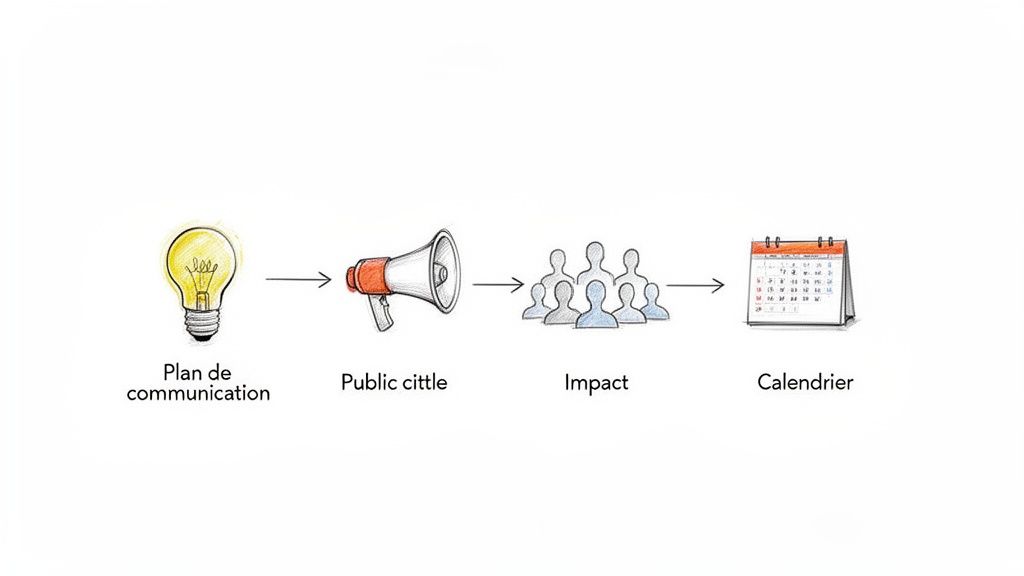 Illustration d'un processus de communication montrant un plan, la diffusion au public, l'impact et le calendrier.