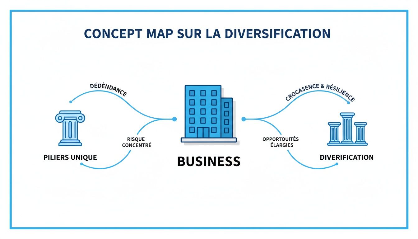 Carte conceptuelle illustrant la diversification, comparant les risques d'une dépendance unique aux opportunités de croissance et résilience.