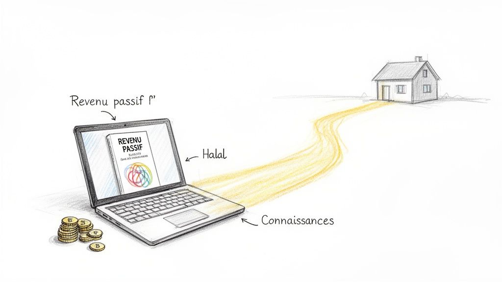 Illustration d'un ordinateur portable affichant un livre sur le revenu passif, des pièces et un chemin halal vers une maison.