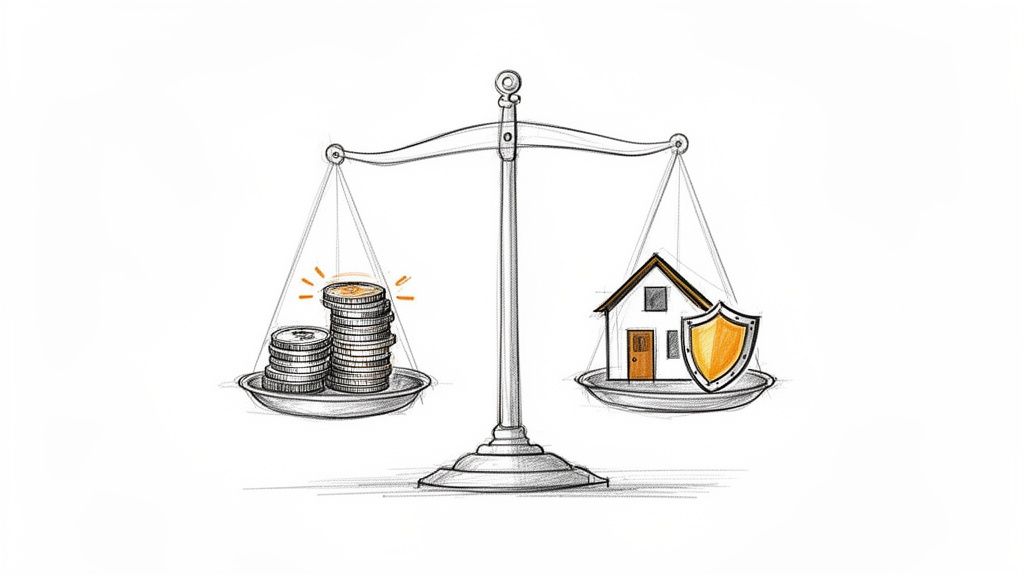 Une balance équilibre des piles de pièces et une maison avec bouclier, symbolisant la protection de l'investissement immobilier.