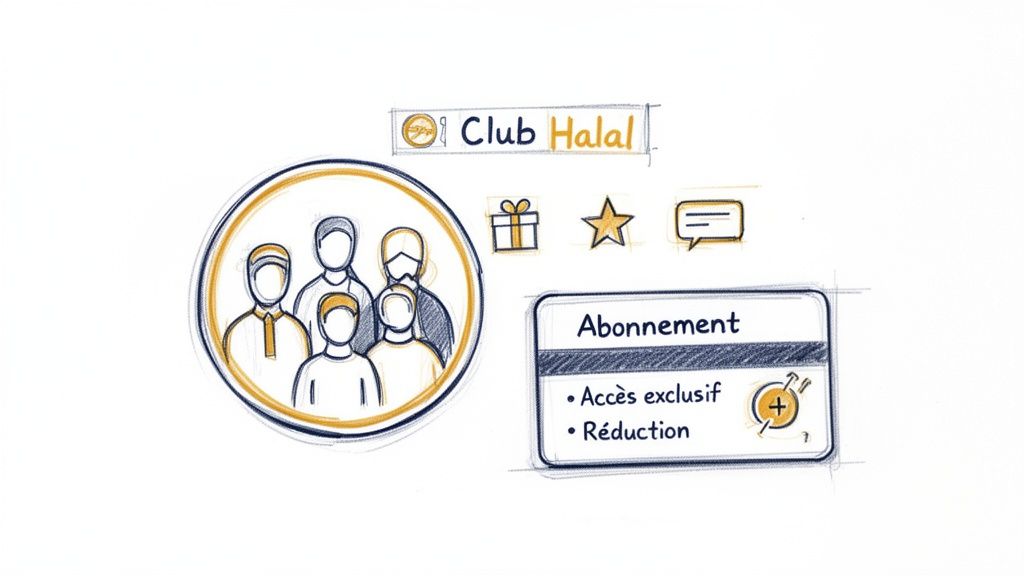 Illustration du Club Halal, présentant la communauté, les avantages d'abonnement, l'accès exclusif et les réductions.