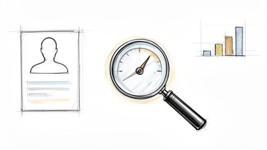 Illustration montrant un profil utilisateur, une loupe avec cadran et un graphique à barres, symbolisant l'analyse de performance.