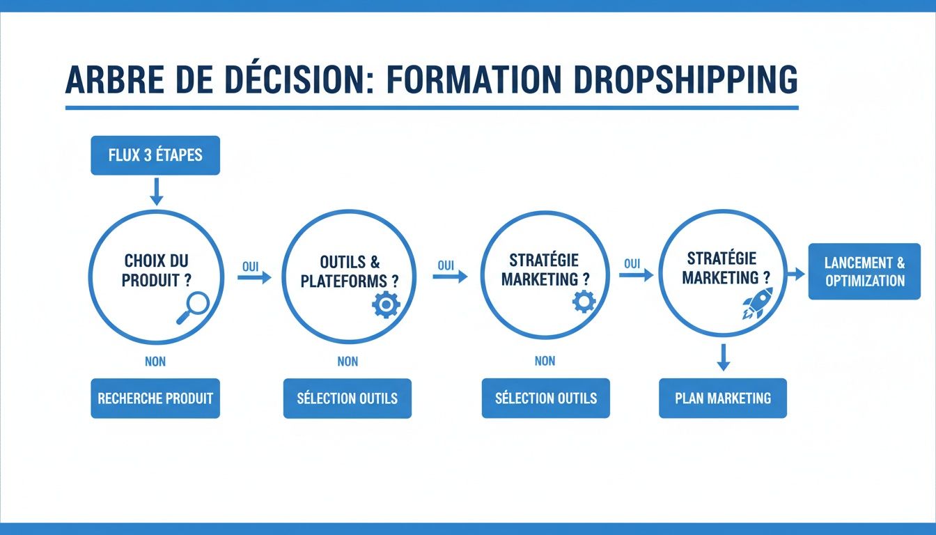 Arbre de décision pour la formation dropshipping, détaillant les étapes clés du choix de produit au lancement.