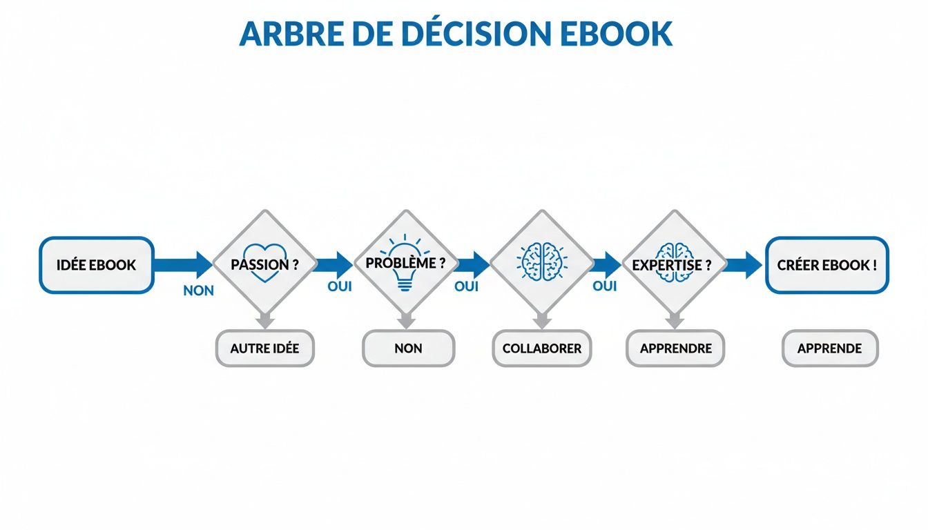Un arbre de décision ou "flowchart" pour la création d'un ebook, détaillant les étapes de l'idée à la réalisation.