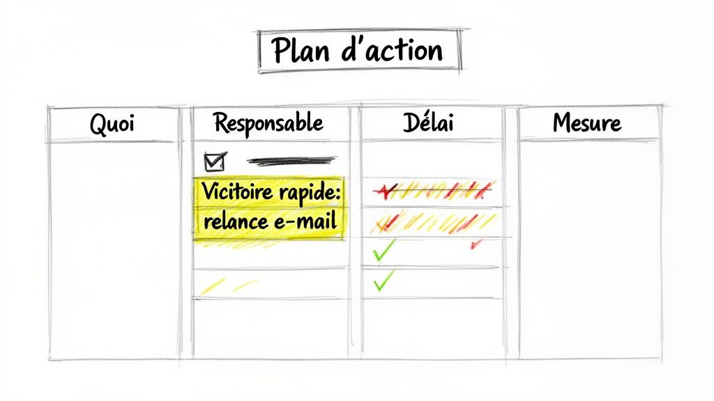 Tableau manuscrit affichant un plan d'action avec les colonnes Quoi, Responsable, Délai, Mesure, et des tâches suivies.