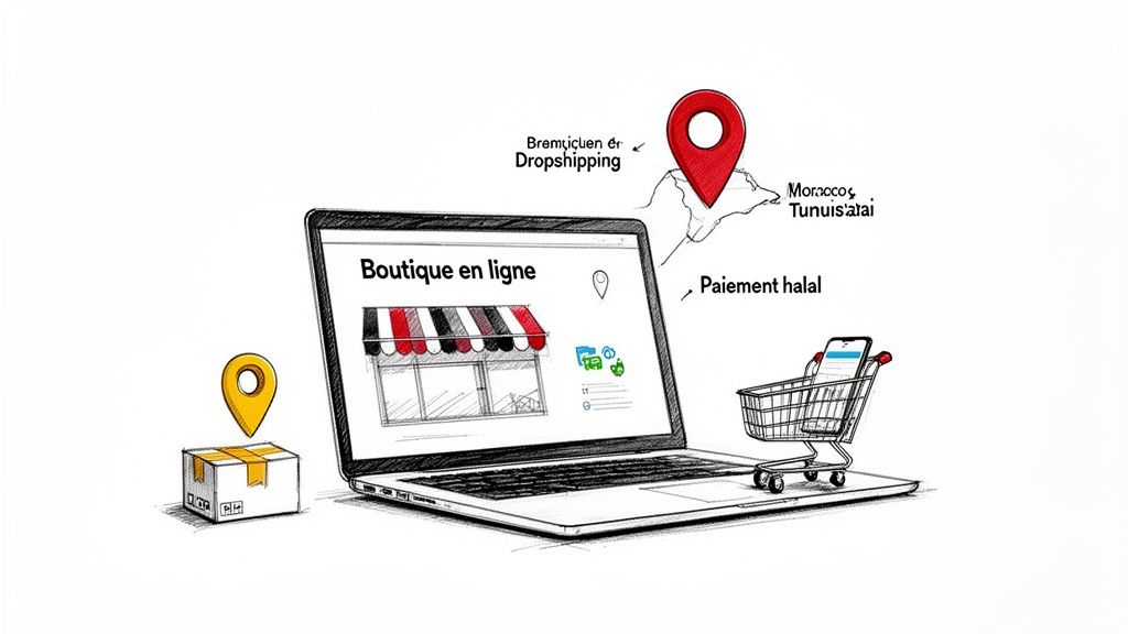 Illustration d'un ordinateur portable affichant une boutique en ligne, avec des concepts de dropshipping et paiement halal.