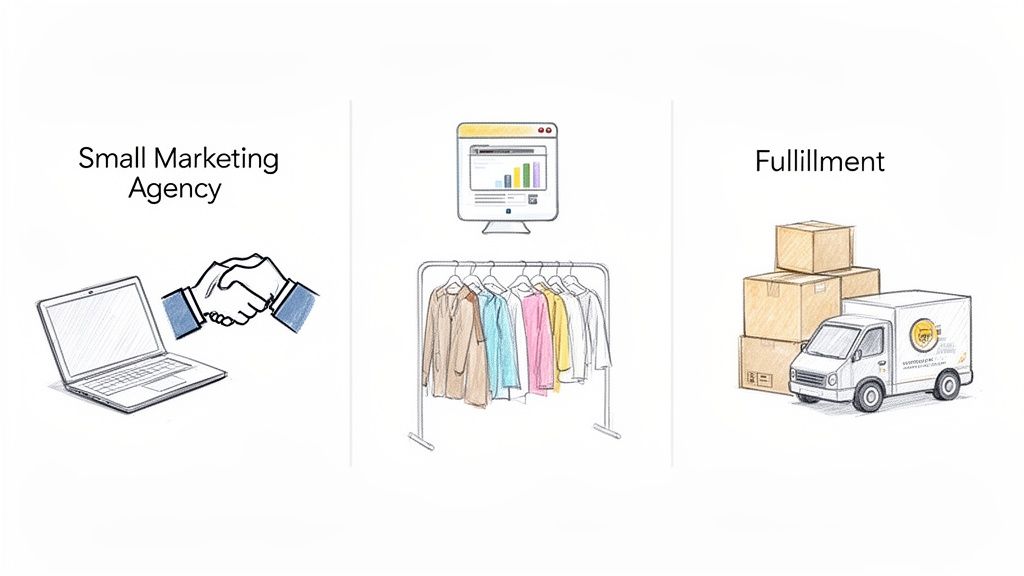 Illustration montrant une agence marketing, un inventaire de vêtements en ligne et un camion de livraison pour l'e-commerce.