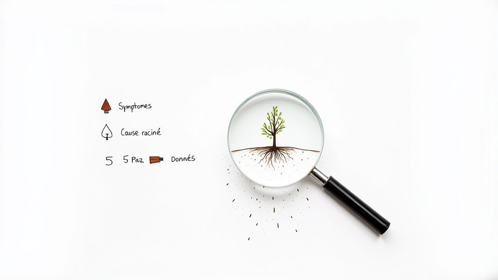 Une loupe examine les racines d'un arbre, illustrant l'analyse des symptômes et la recherche de la cause profonde.