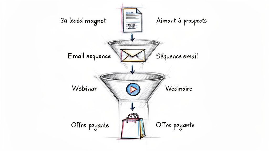 Diagramme d'un entonnoir de vente marketing en ligne, illustrant les étapes : aimant à prospects, séquence email, webinaire et offre payante.