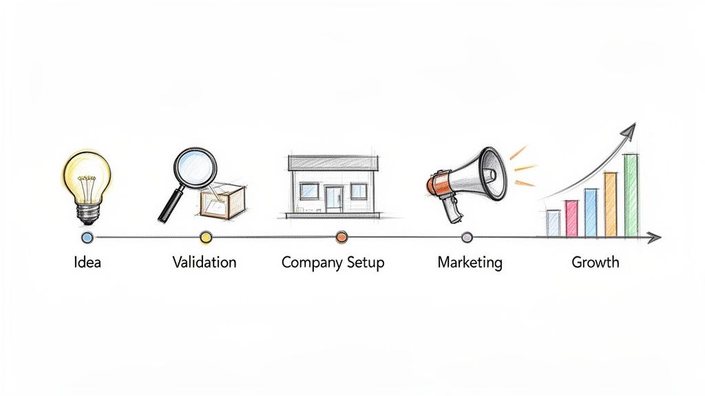 Illustration d'un processus de démarrage d'entreprise en 5 étapes: idée, validation, création, marketing et croissance.