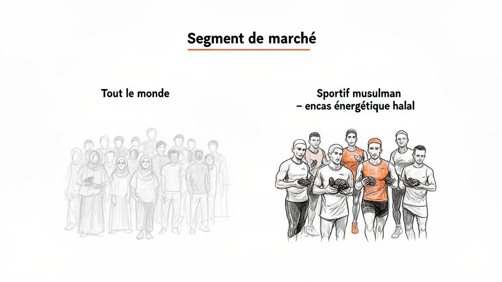 Diagramme de segmentation de marché comparant une foule générale à un groupe ciblé de sportifs musulmans tenant des encas halal.