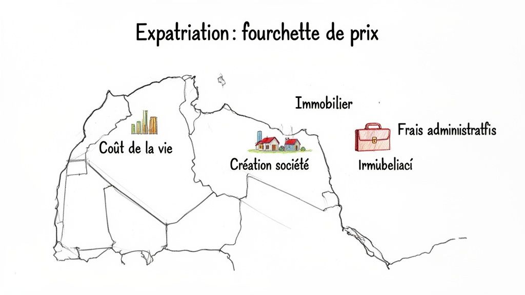 Carte illustrant les coûts d'expatriation en Afrique, avec le coût de la vie, l'immobilier et les frais administratifs.