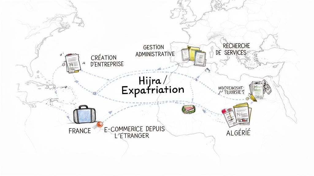 Carte illustrant les services d'accompagnement pour l'expatriation ou l'Hijra, incluant création d'entreprise, gestion administrative et recherche de services.