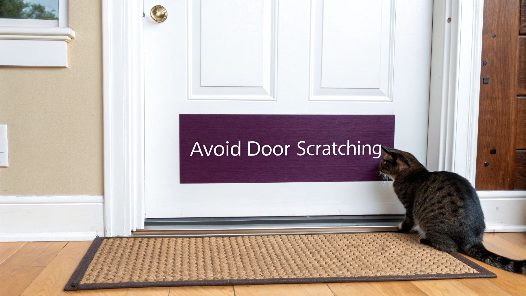 A cat sniffing cautiously at a door covered with sticky tape