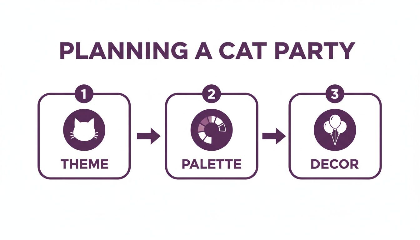 A visual guide for planning a cat party, outlining steps for theme, color palette, and decor.
