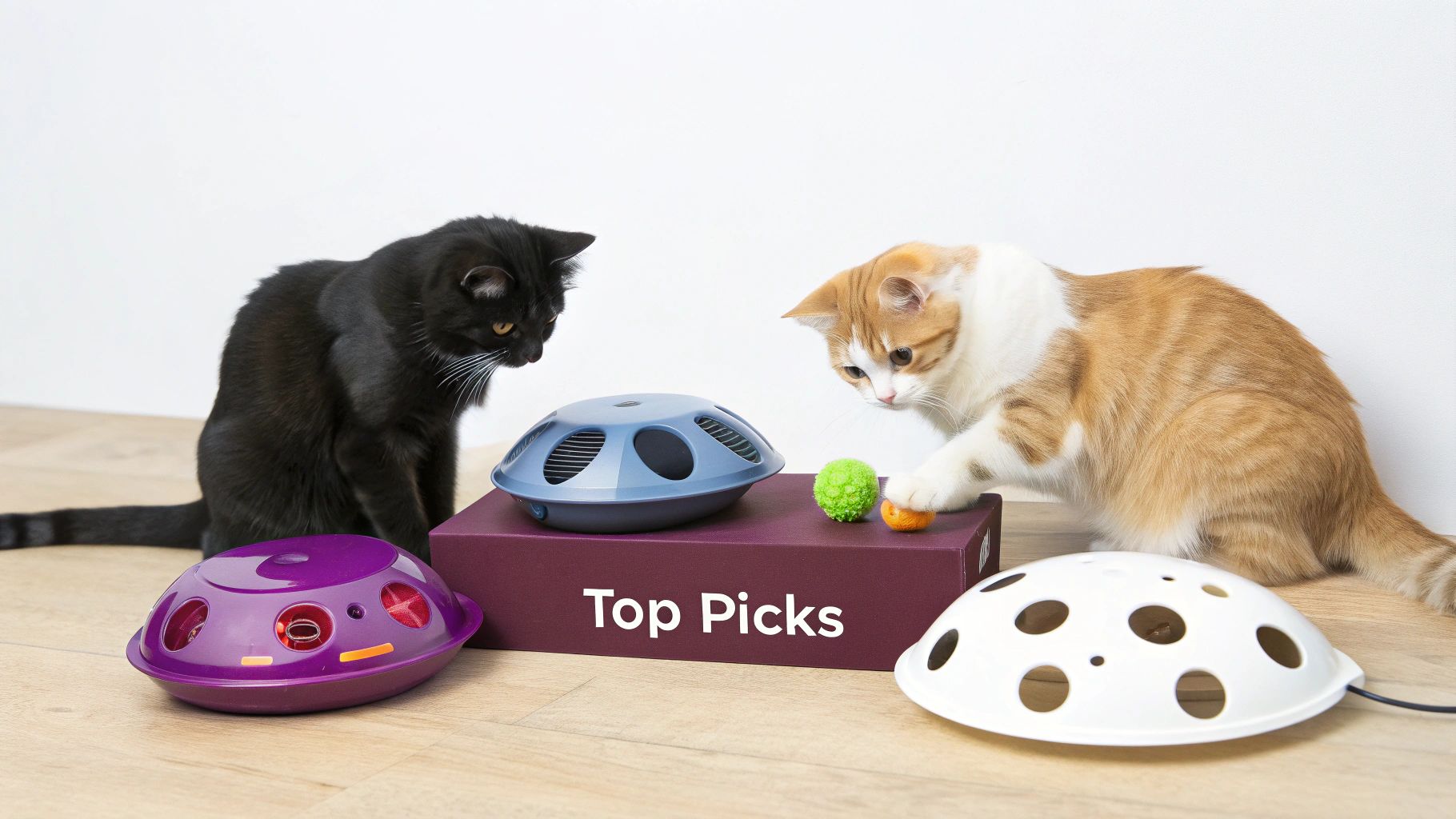 Two cats examining interactive automatic toy collection on purple box labeled Top Picks