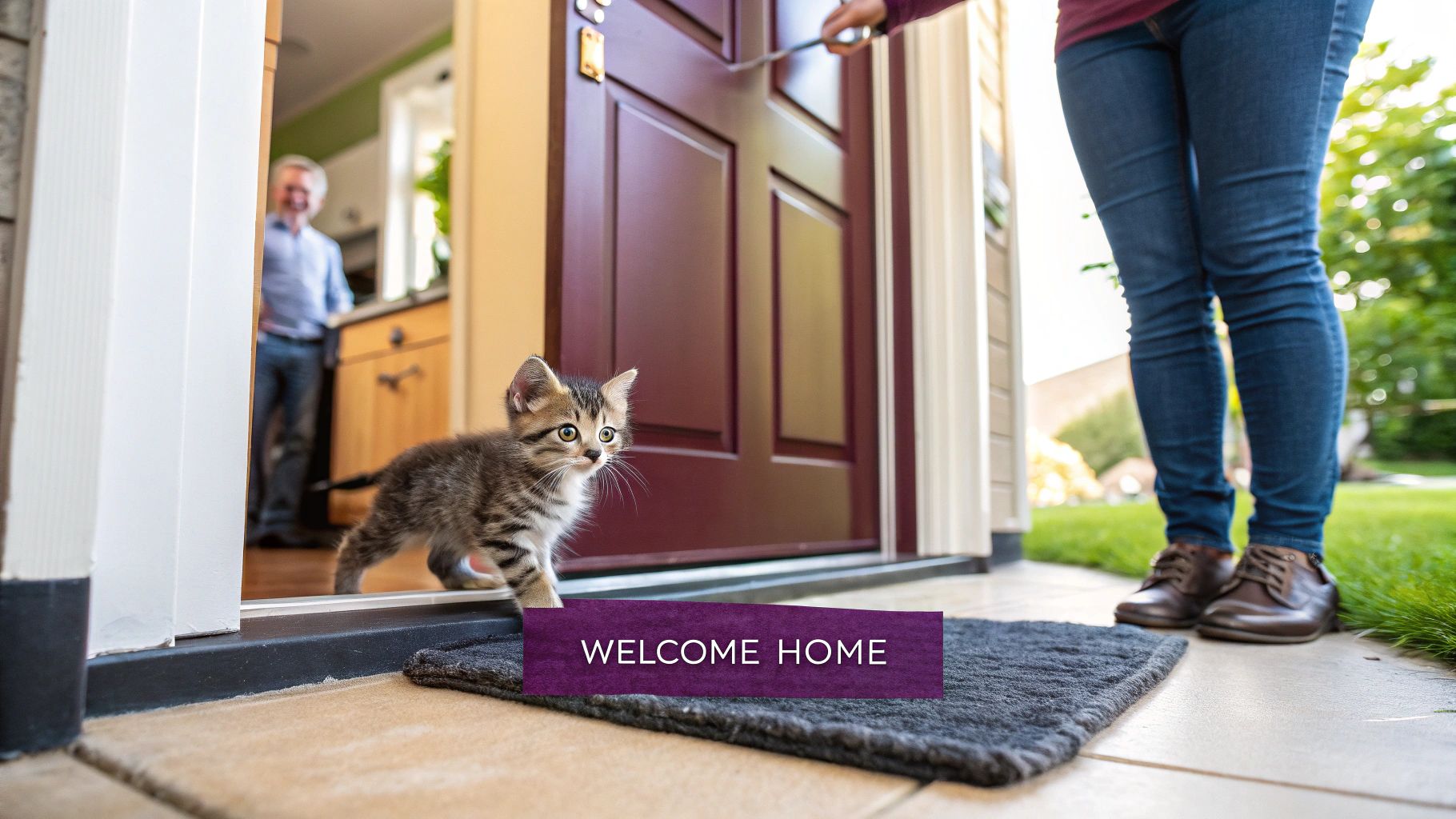 A person smiling and gently holding a small, fluffy orange kitten in their hands.