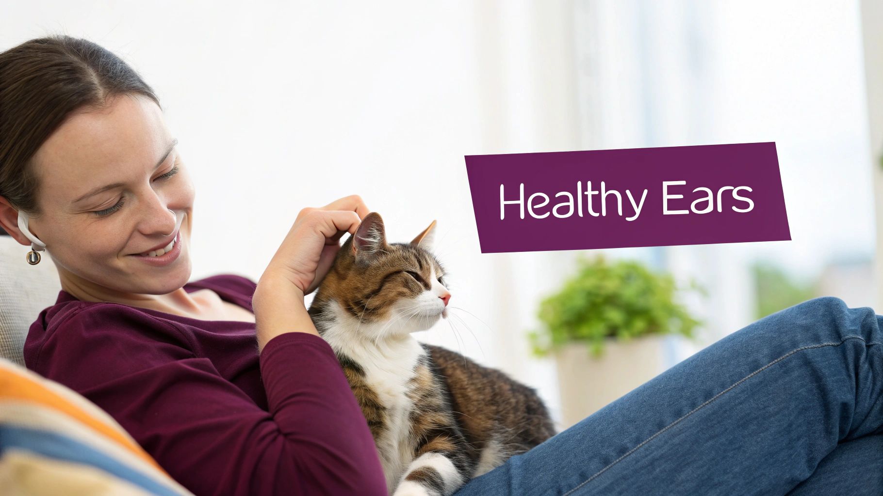 A fluffy cat having its ear gently checked by its owner.