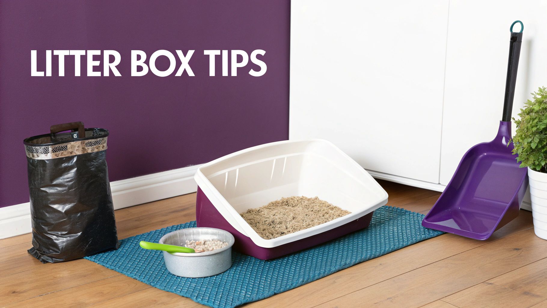 A complete cat litter box setup with a purple litter box, scoop, disposal bag, and food bowl on a blue mat.