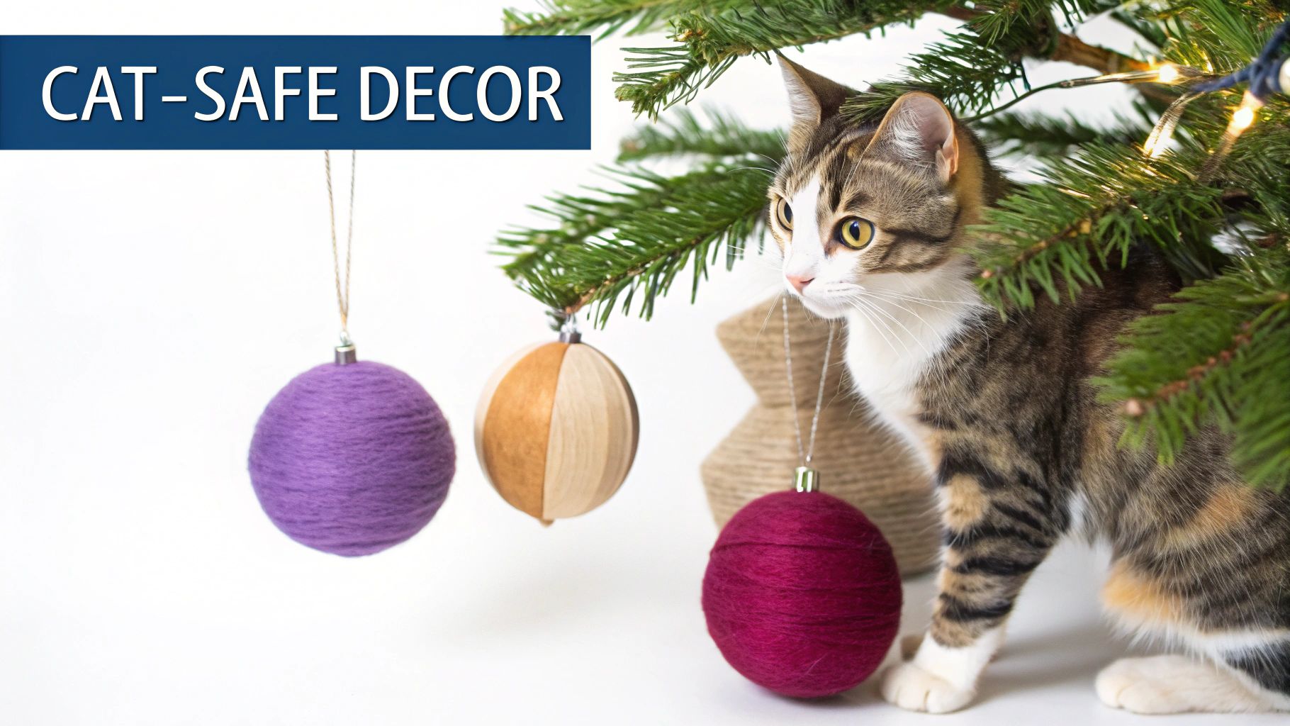 A cat looking at a Christmas tree with safe, soft ornaments