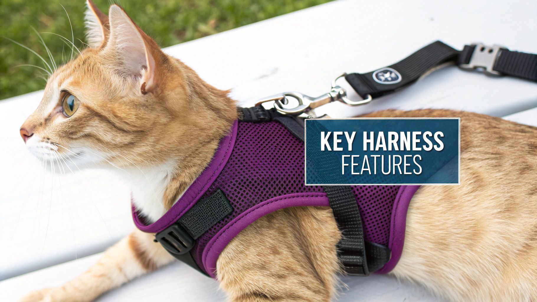 An orange tabby cat wearing a purple mesh harness and leash, looking to the left, with text 'KEY HARNESS FEATURES'.