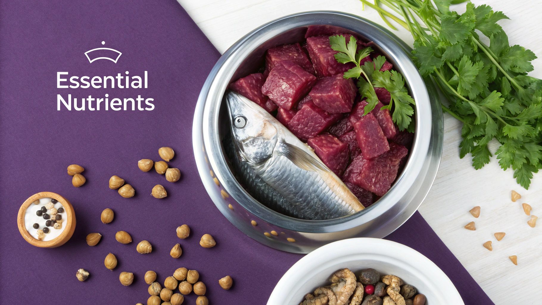 A pet bowl filled with raw meat chunks, a whole fish, parsley, surrounded by nuts, labeled 'Essential Nutrients'.