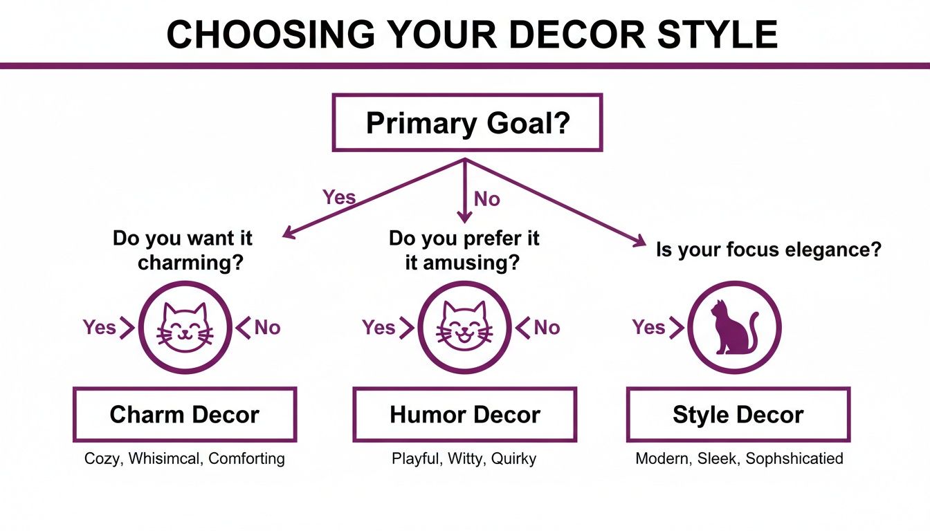 A flowchart guiding users to choose their decor style based on preferences for charm, humor, or elegance.