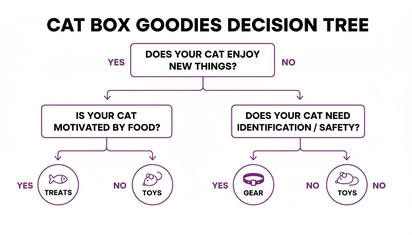 A cat box goodies decision tree helping owners choose between treats, toys, or gear.