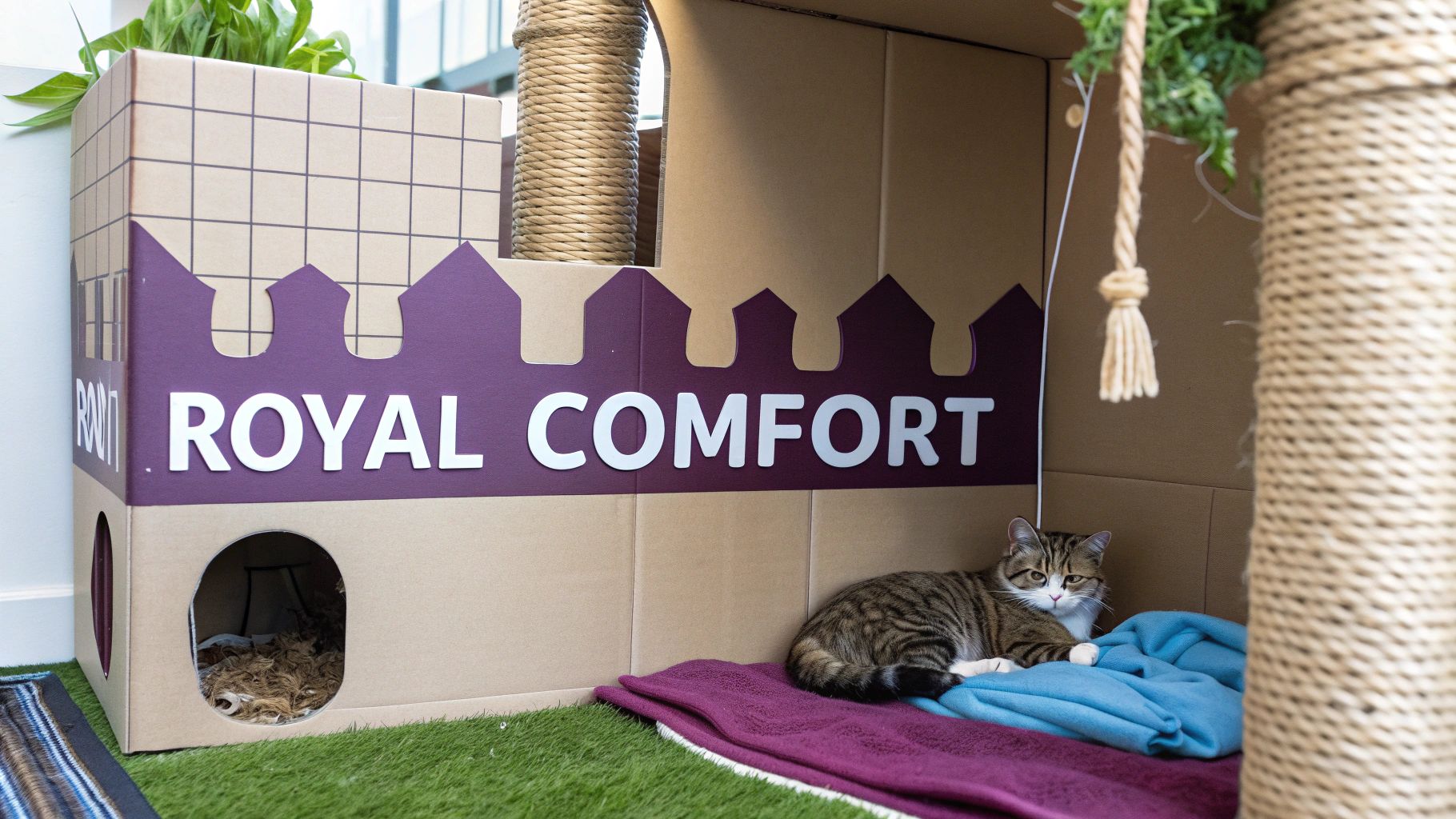 A tabby cat rests on a blue blanket next to a cardboard castle labeled "Royal Comfort."