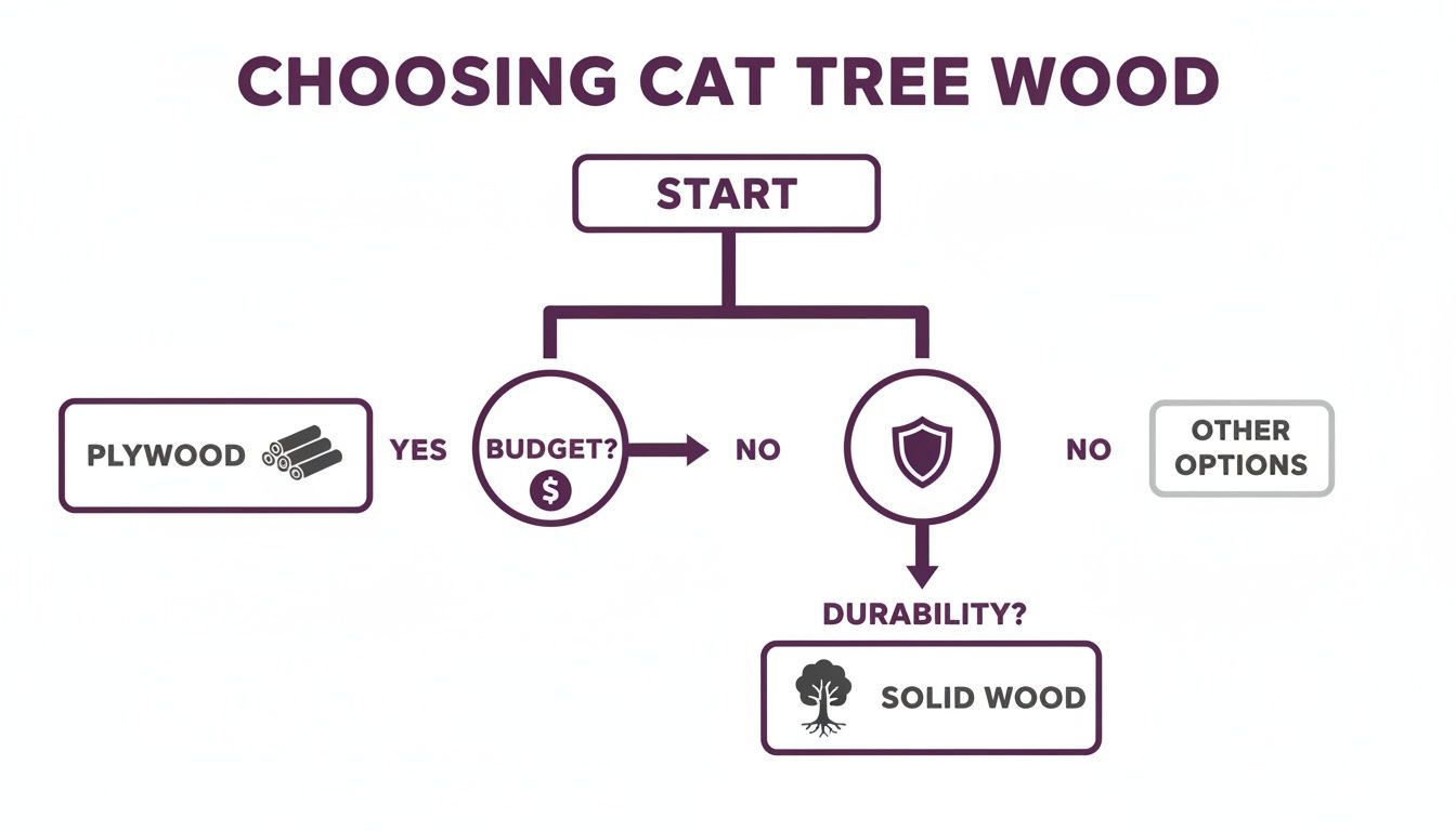 Flowchart for choosing cat tree wood, guiding decisions based on budget for plywood or durability for solid wood.