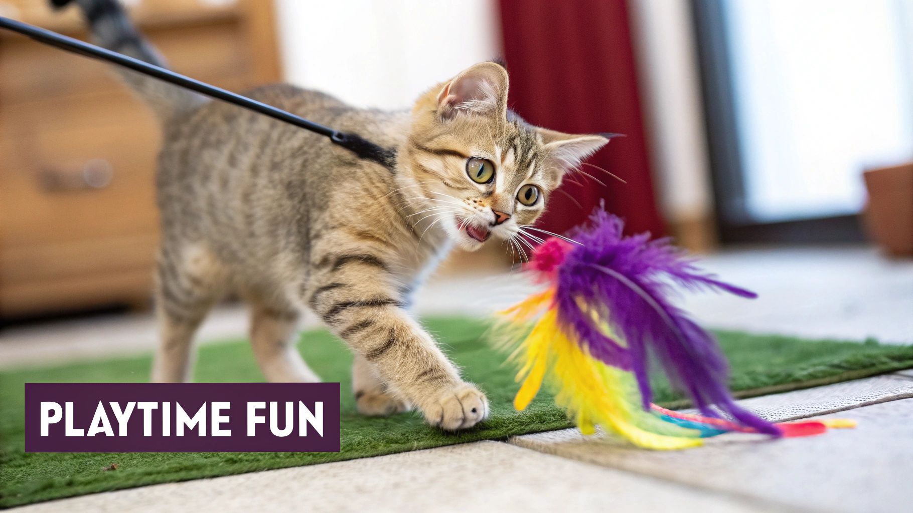 A person playing with a cat using a wand toy.