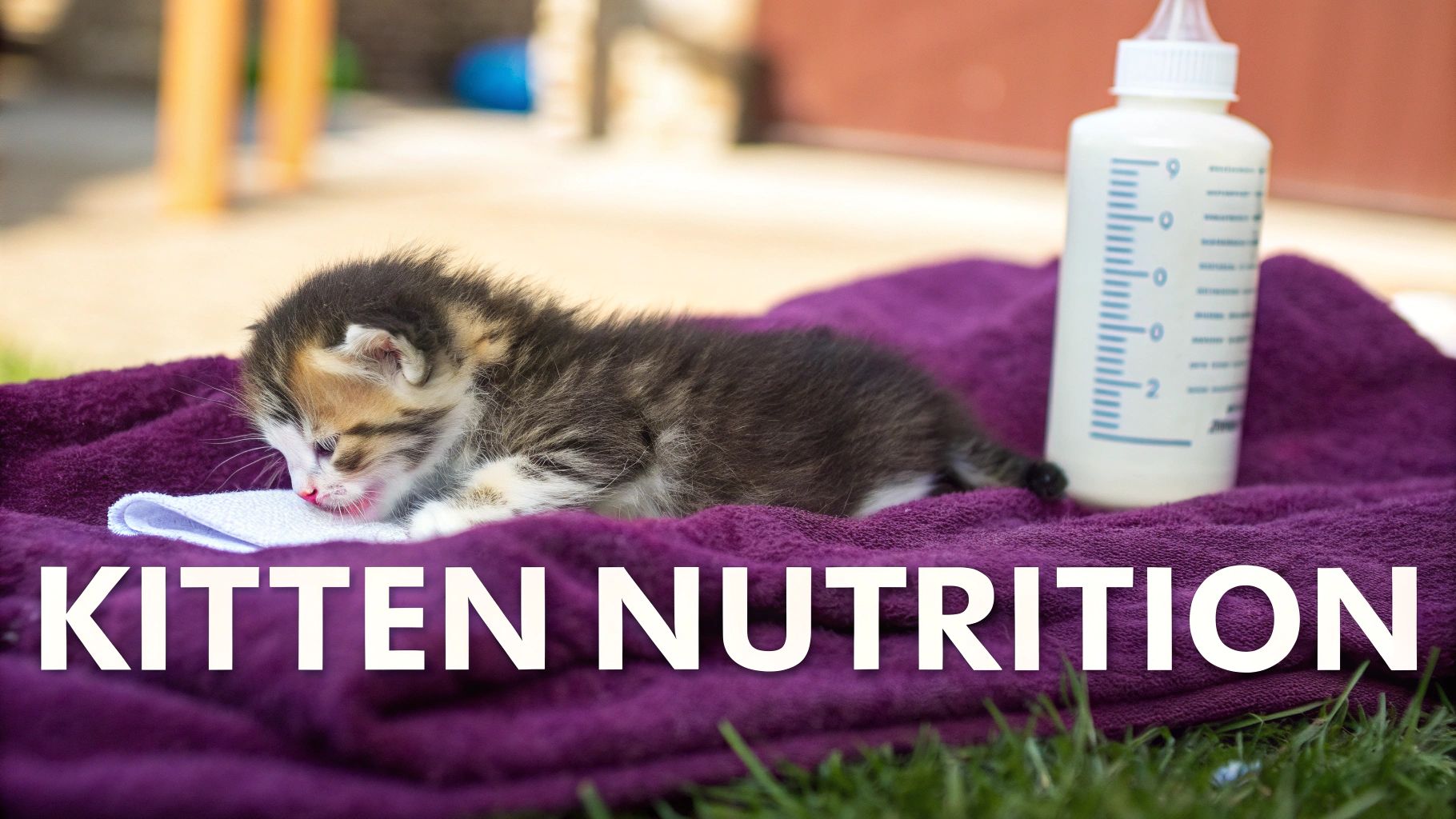 A tiny calico kitten lies on a soft purple blanket next to a white milk bottle, representing kitten nutrition.