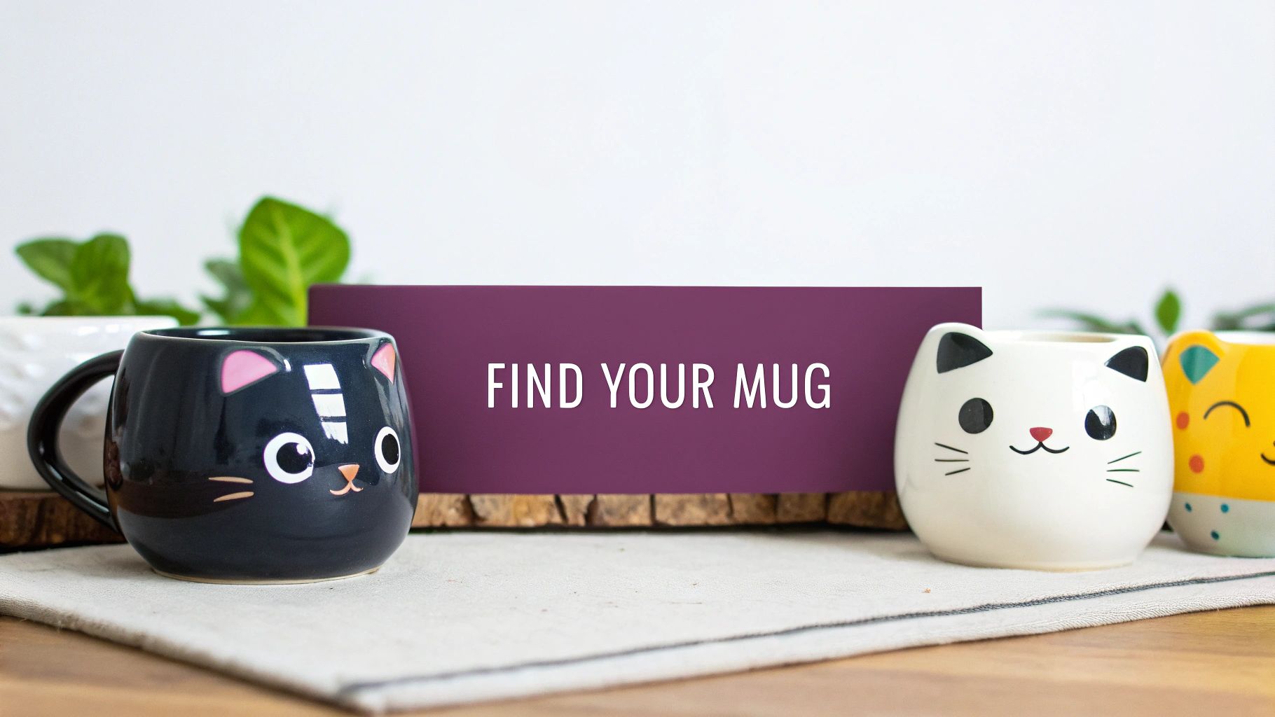 Three adorable ceramic cat mugs, black, white, and yellow, displayed with a 'FIND YOUR MUG' sign.
