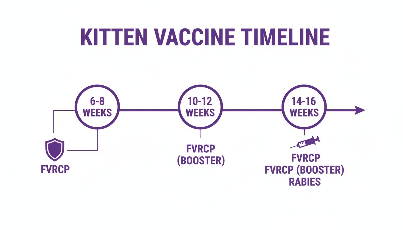 A kitten vaccine timeline showing shots at 6-8, 10-12, and 14-16 weeks including FVRCP and Rabies.