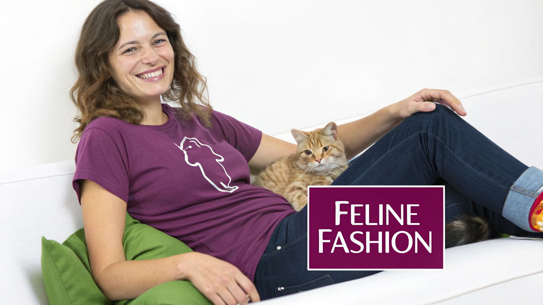A happy woman smiles while relaxing on a couch with her cute ginger tabby cat, wearing a cat-themed shirt.