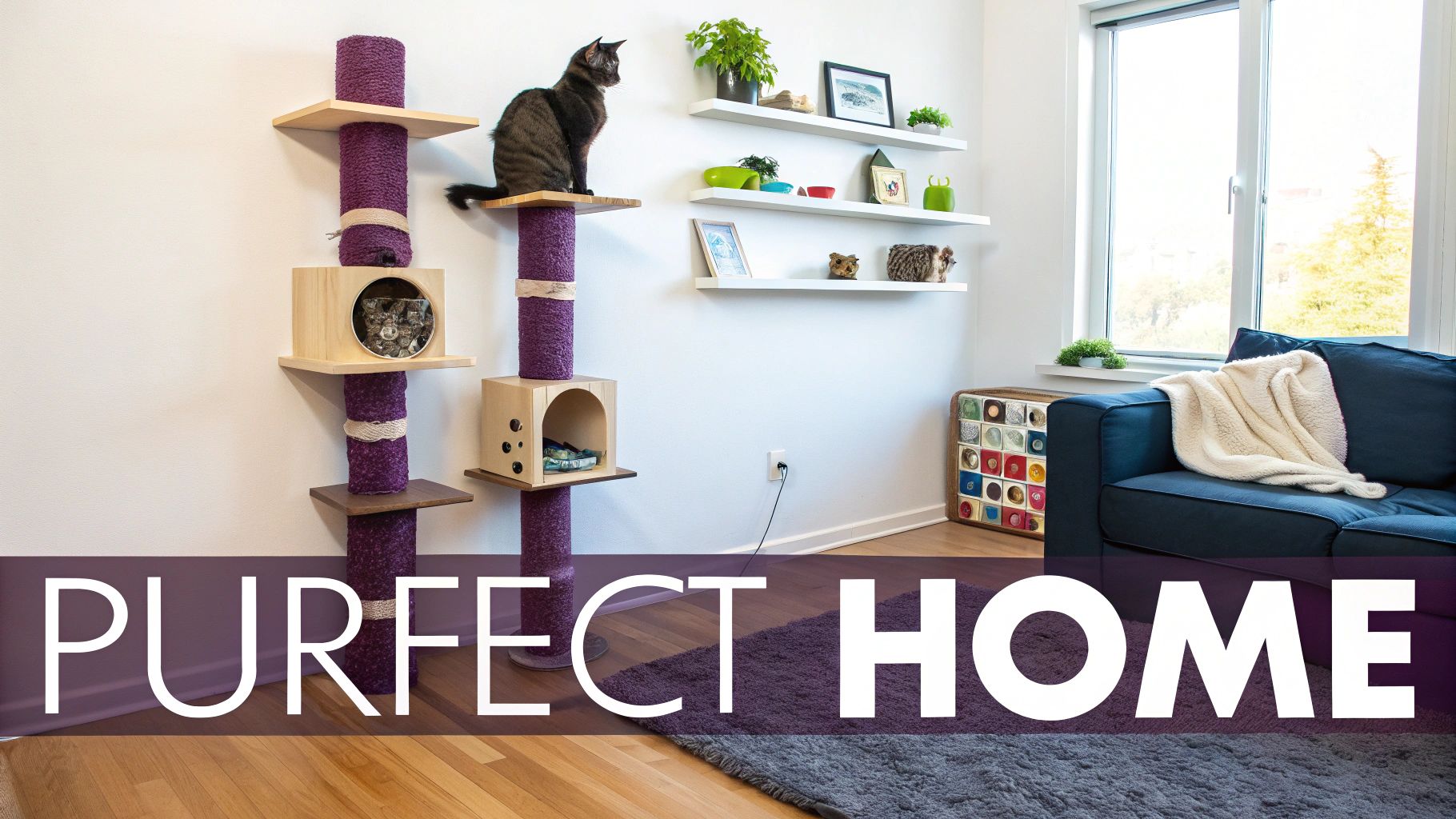 A cozy living room with a tall purple cat tree, a tabby cat on top, and another cat in a cubby.