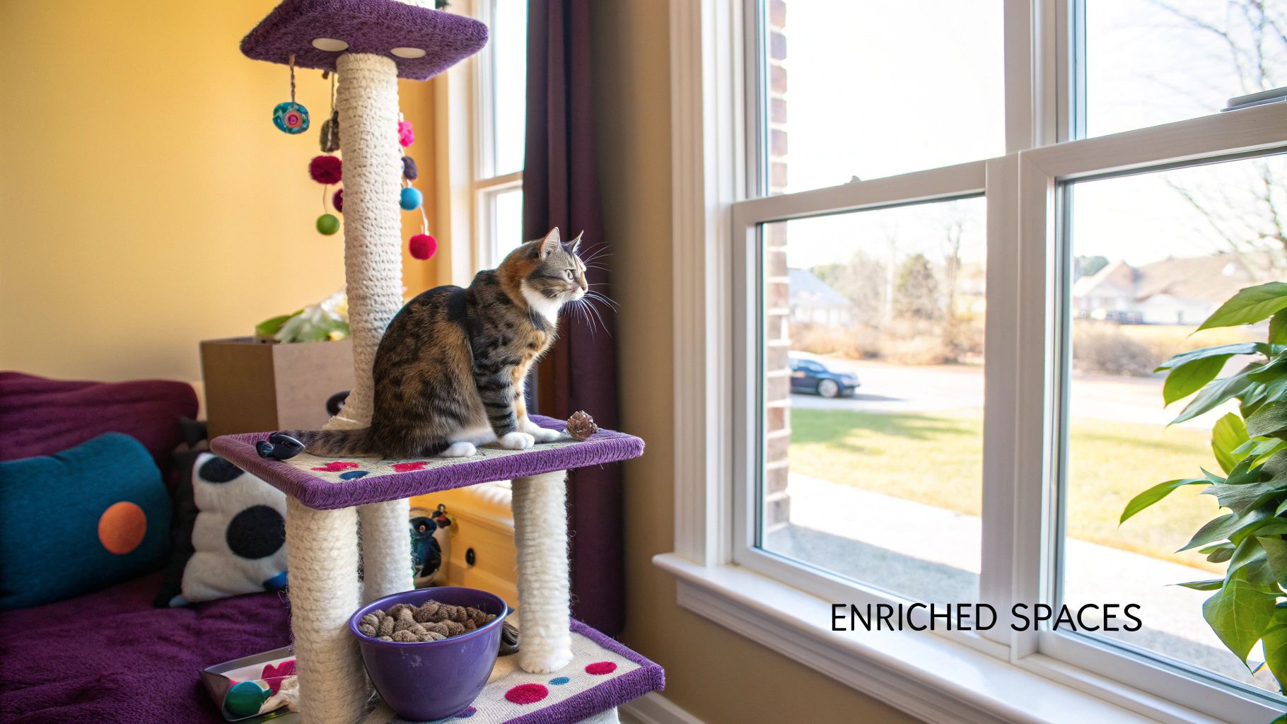 A cozy cat-friendly living room with a cat tree and shelves.
