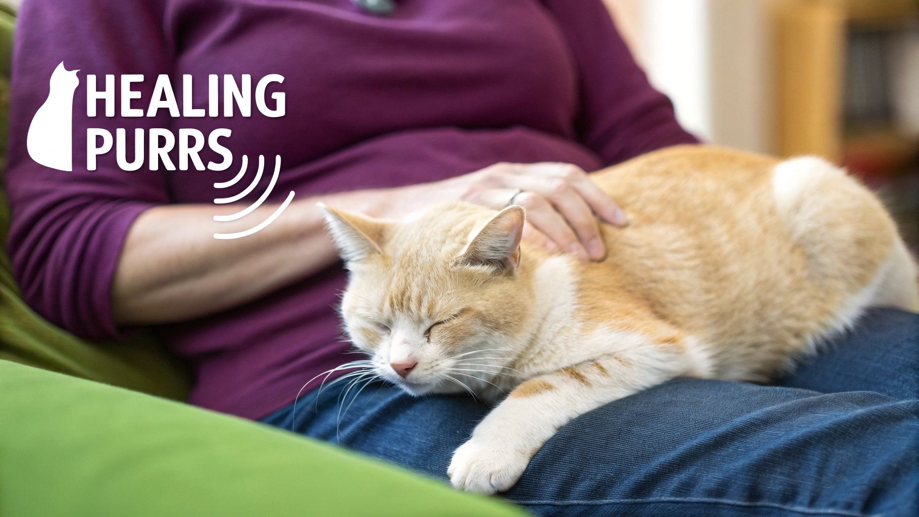 A person gently pets a content orange and white cat sleeping peacefully on their lap.