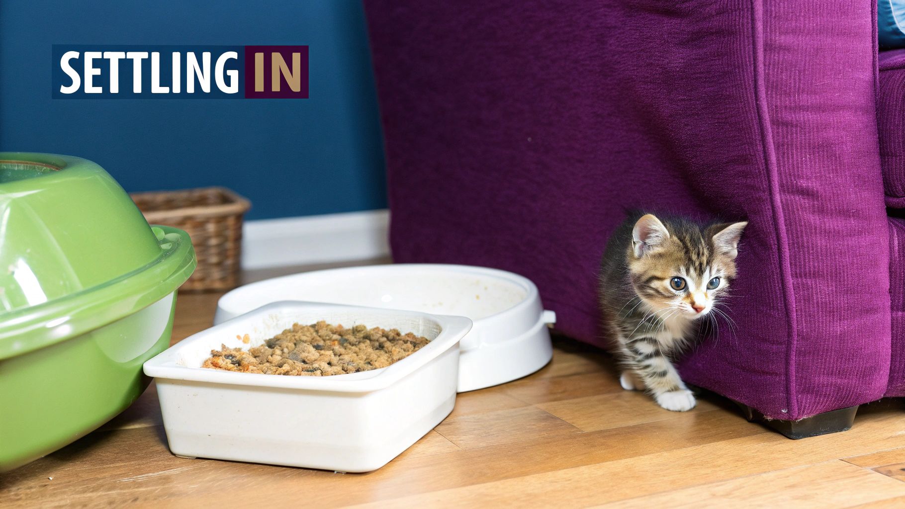 A small, fluffy gray and white kitten cautiously peeking out from under a white blanket, looking curious.